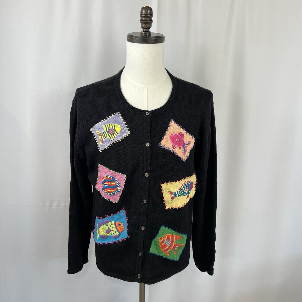 Vintage thyme Colorful Fish Embroidered Black Button Down Sweater Size XL